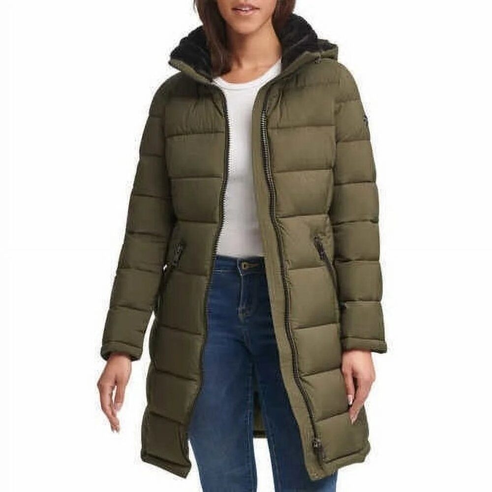 Andrew Marc Coat Women Large Long Stretch Parka Olive Green Hooded Puffer Jacket